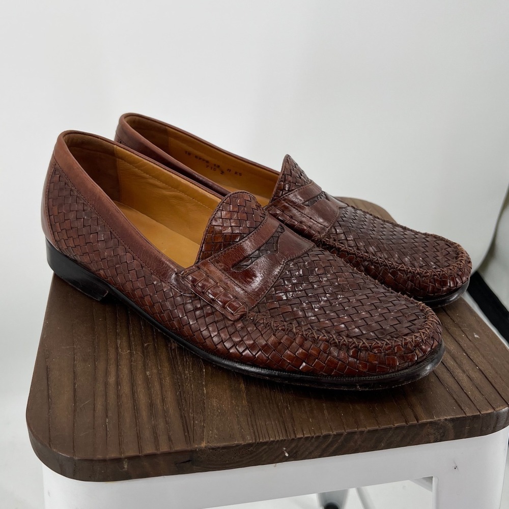 Johnston & Murphy Mens 13 M Woven Leather Penny Loafers Brown 15-6778 Slip On